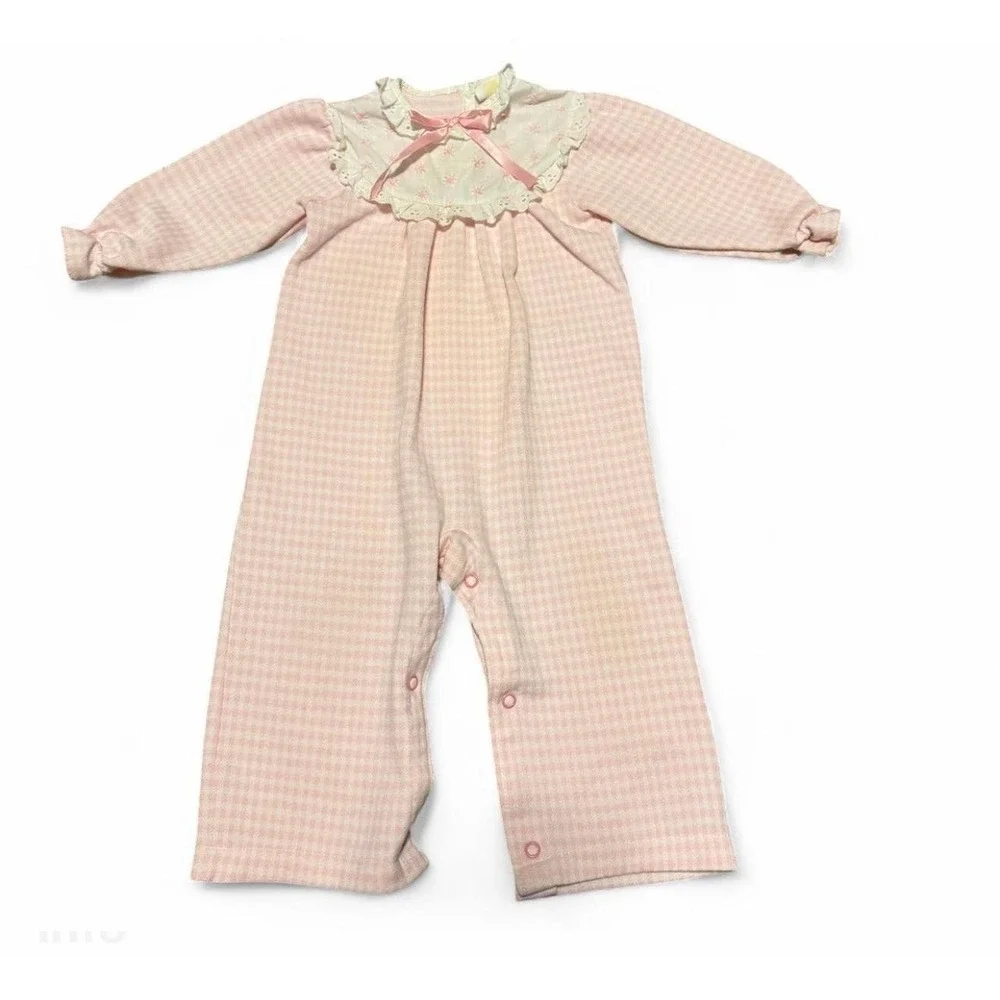 Vintage Carter's Baby Girl 24M Pink Gingham Romper USA Made Lace Collar Bow